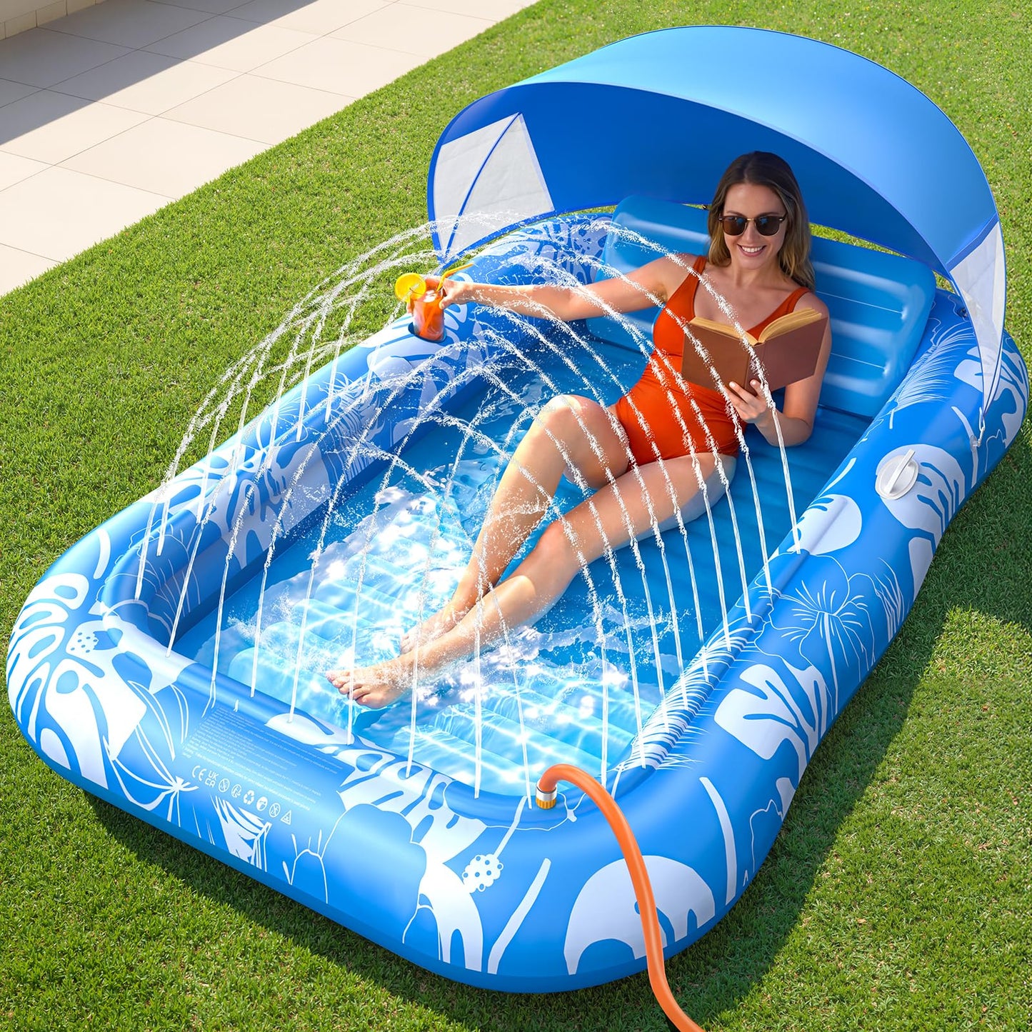 HotInflatable Tanning Pool Lounger Float with Sprinkler & Canopy UPF50+, 77" x 48" Extra Large Tanning Pool Float for Adults, Sunbathing Water Lounge Bed with Pillow & Cup Holder for Backyard & Pool