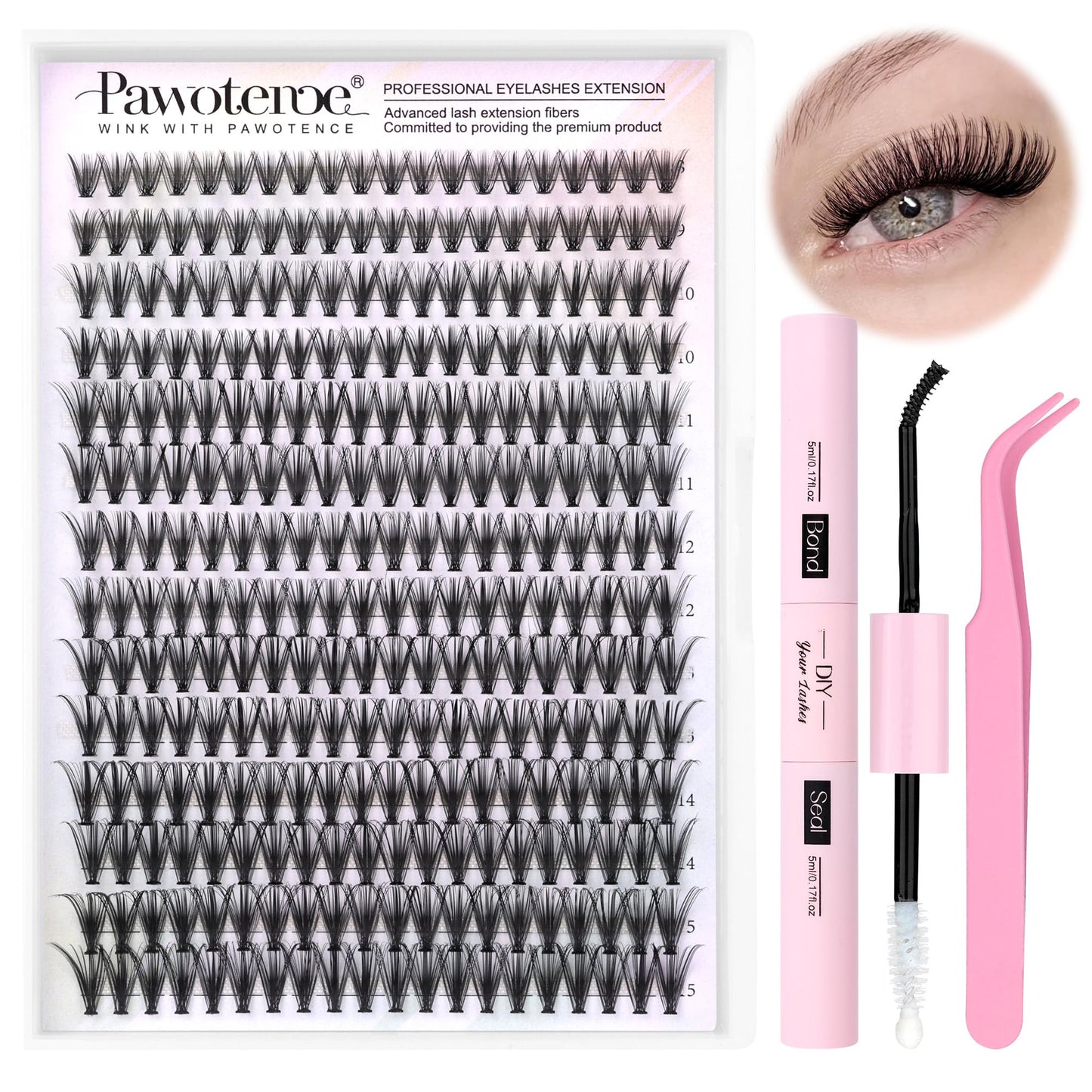HotPawotence Lash Extension Kit DIY 280pcs Lash Clusters Eyelash Extension Kit, 9-16mm 30D 40D Individual Lashes Kit with Lash Bond and Seal, Lash Tweezers for Self Use (30D&40D, 0.07D, 9-16mm, Kit)