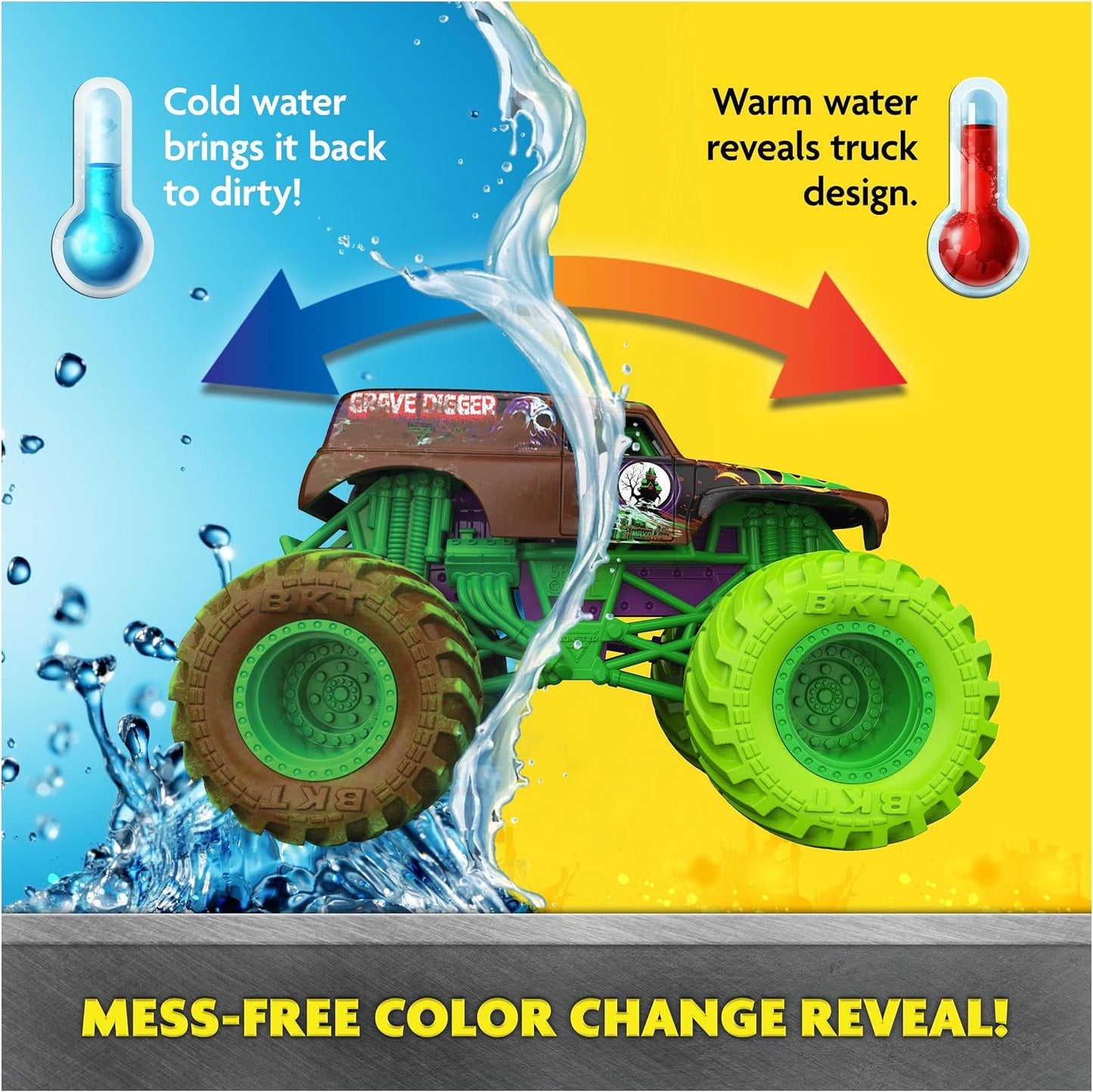 HotMonster Jam Mud Blasters, Grave Digger and Megalodon Color Changing Trucks 2-Pack, 1:64 Die Cast Vehicle, Kids Toys for Boys and Girls 3 and Up