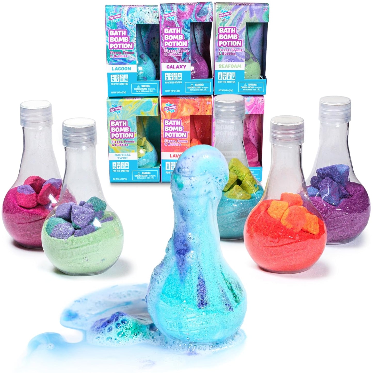 HotTub Works® Kids Bath Bomb Potion™ Bath Toy, Variety 6 Pack | Nontoxic | Fizzes, Foams & Bubbles with an Eruption of Color | Interactive Bath Bombs | Fun Science Toddler Bath Toys