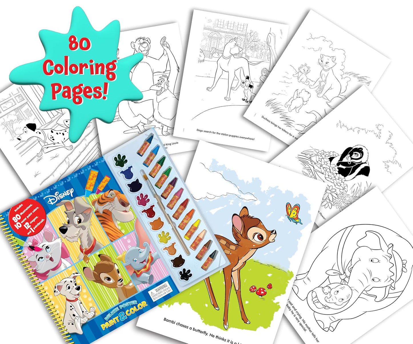 Hot Disney Animals Deluxe Poster Paint & Color - Coloring Book for Kids, 80 Illustrations, 10 Watercolor Paints, 12 Crayons, 1 Paint Brush