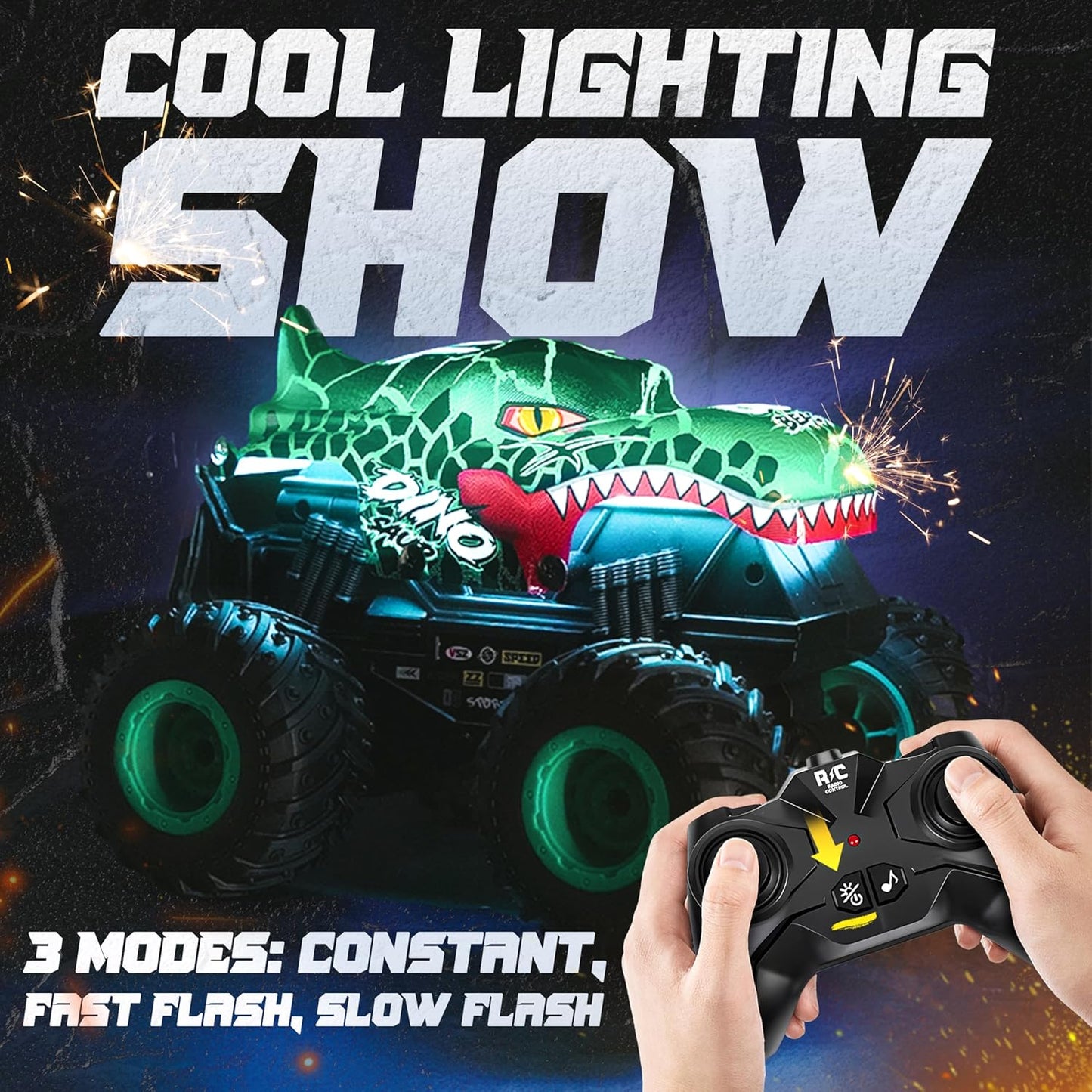 HotBEZGAR Monster Truck Toys - Remote Control Monster Truck with Light & Music, Dinosaur Toys for Kids, 1:20 Scale RC Truck with 360° Spins and Drifting, Remote Control Car for Boys 4-7