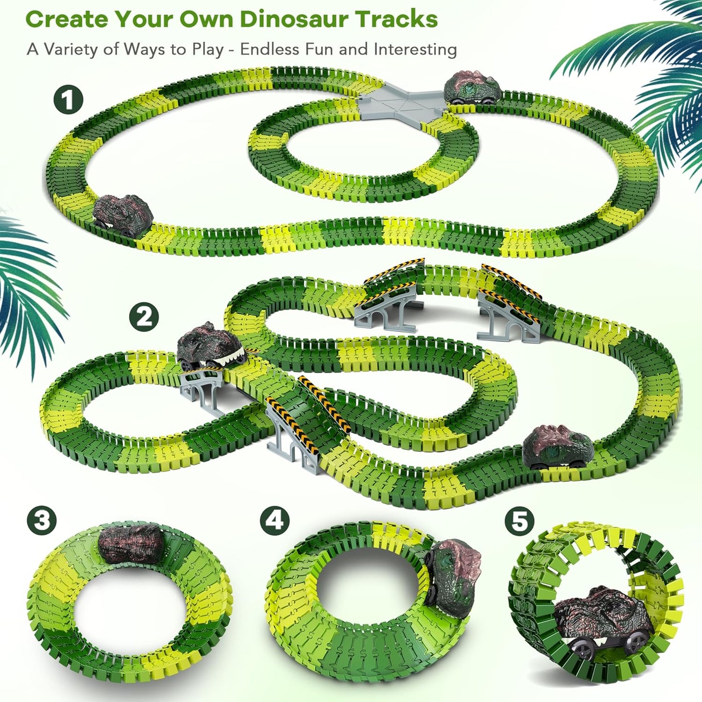 HotDinosaur Toys,Create A Dinosaur World Road Race,Flexible Track Playset and 2 pcs Cool Dinosaur car for 3 4 5 6 Year & Up Old boy Girls Best Gift