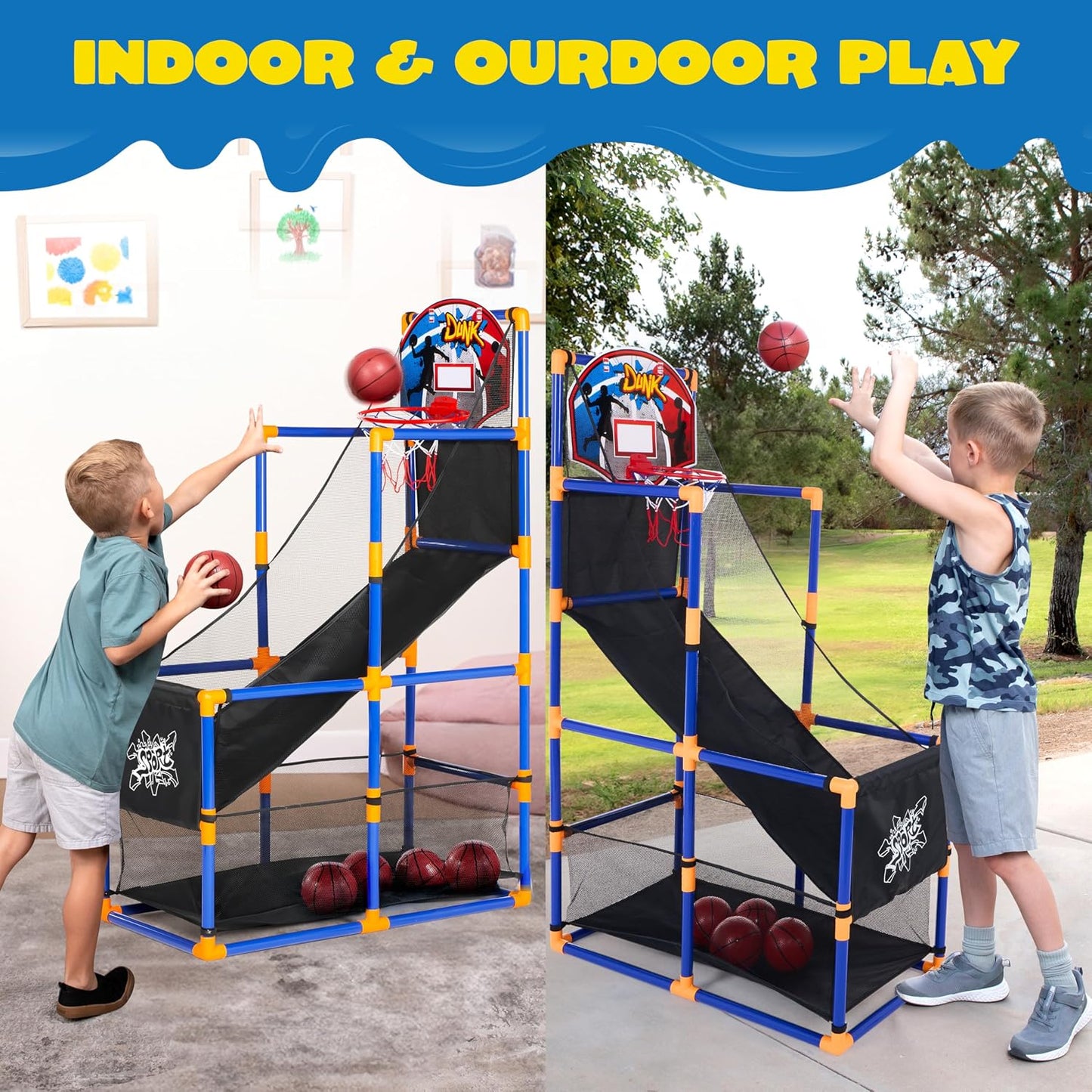 HotJOYIN Arcade Basketball Game Set with 4 Balls and Hoop for Kids 3+ Years Old Indoor Outdoor Sport Play - Easy Set Up - Air Pump Included - Ideal for Competition