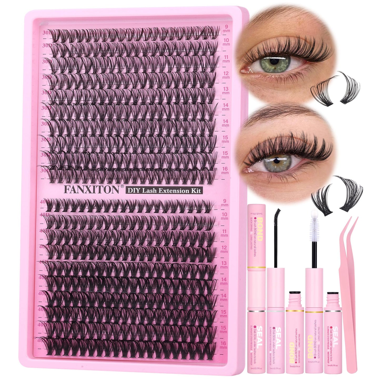 HotFANXITON DIY Individual Eyelash Extension Kit, Thick Volume Lash Clusters 40D+50D D Curvature, 280 Pieces Thin Band Cluster Lashes with Bond and Seal Tweezers