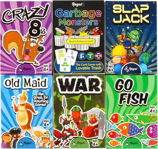 HotRegal Games Card Games for Kids - Go Fish, Crazy 8's, Old Maid, Slap Jack, Garbage Monster, War - Simple & Fun Classic Family Table Games - Games May Vary (6 Set)
