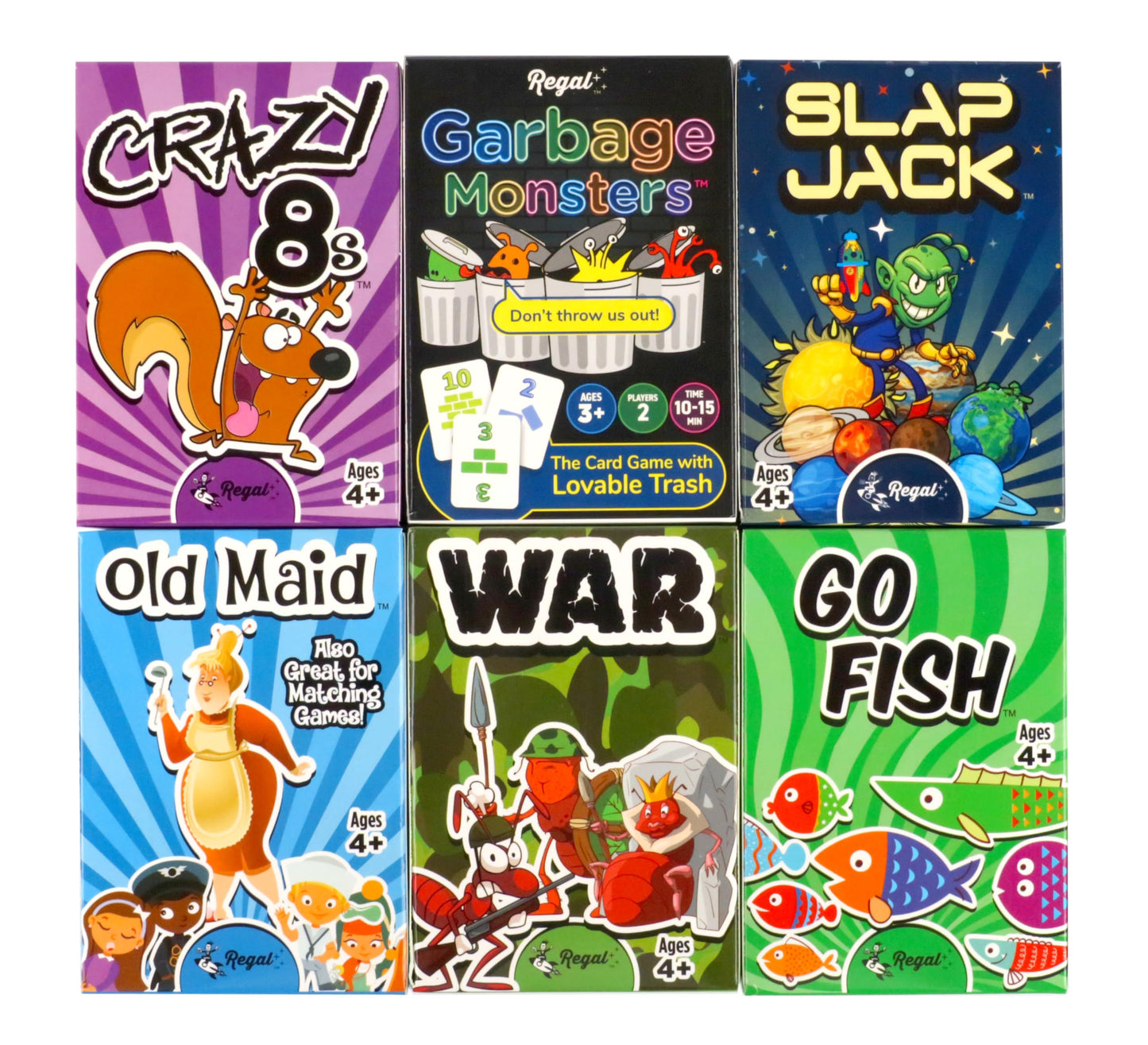 HotRegal Games Card Games for Kids - Go Fish, Crazy 8's, Old Maid, Slap Jack, Garbage Monster, War - Simple & Fun Classic Family Table Games - Games May Vary (6 Set)