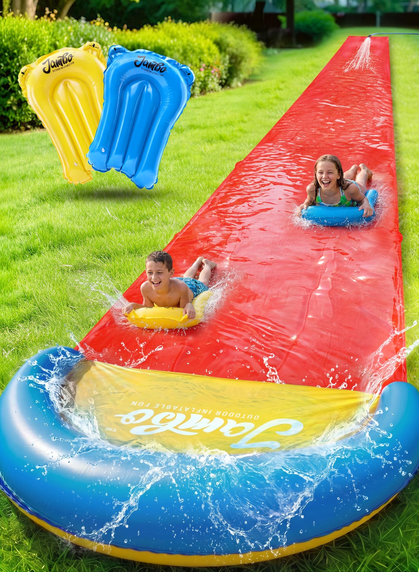 HotJAMBO Premium Triple Water Slide and 3 Bodyboards, 16Ft Heavy Duty Slip Splash and Slides-Advanced 3-Way Sprinkler System, Splash Pad Mat Backyard Summer Outdoor Water Toys n Long Slides for Kids