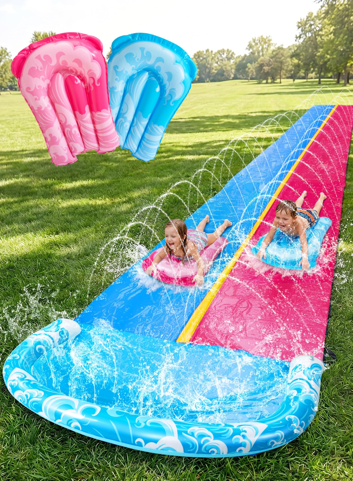 HotJOYIN 22.5ft Water Slides and 2 Bodyboards, Lawn Water Slide Summer Slip Waterslides Water Toy with Build in Sprinkler for Backyard Outdoor Water Fun for Kids