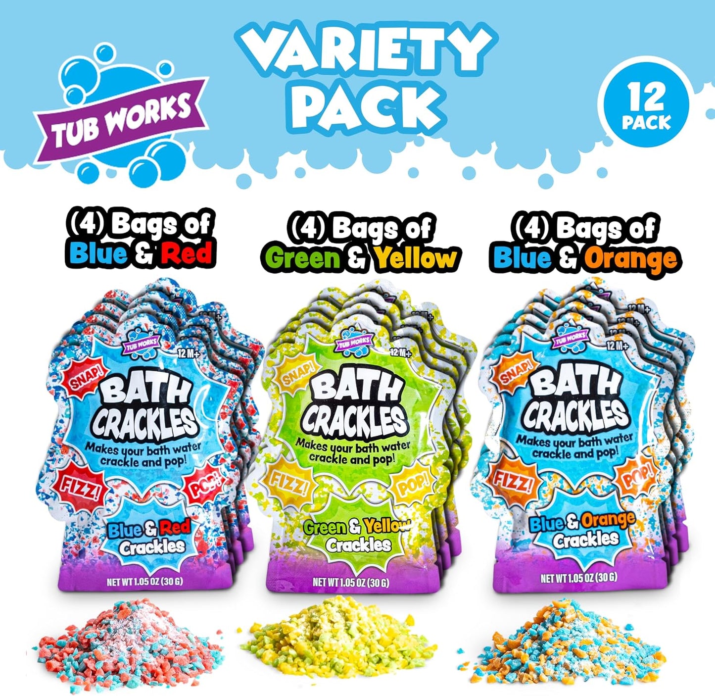 Hot Tub Works® Bath Crackles Bath Toy, Variety 12 Pack | Nontoxic & Fragrance-Free | Makes Bath Water Crackle & Pop for a Unique Kids Bath | Swirl Water for Fizzy Fun | Sensory Kids & Toddler Bath Toys