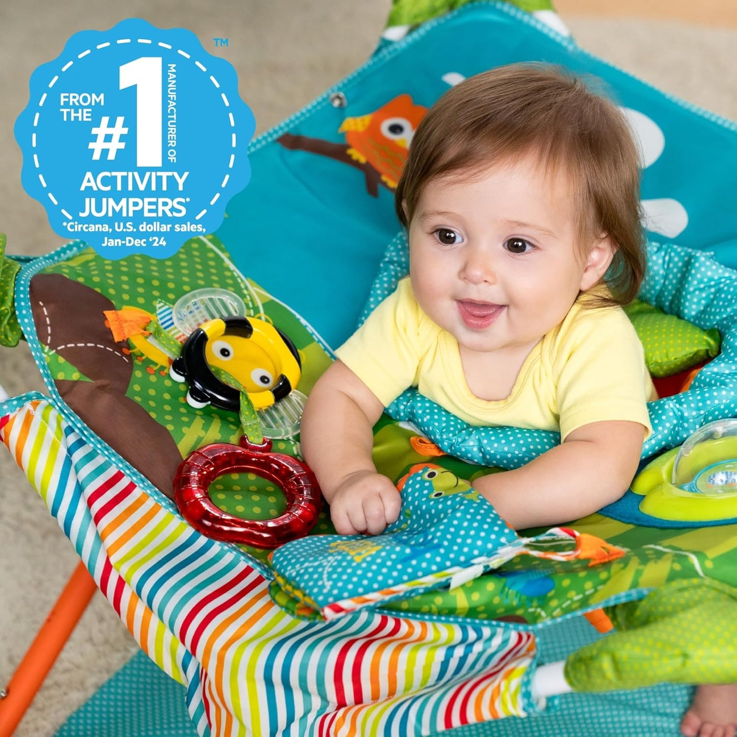 Hot Bright Starts Pop 'N Jump Portable Baby Jumper, Foldable Indoor/Outdoor Baby Jumper with Owl Forest Sensory Activities, Ages 6–12 Months
