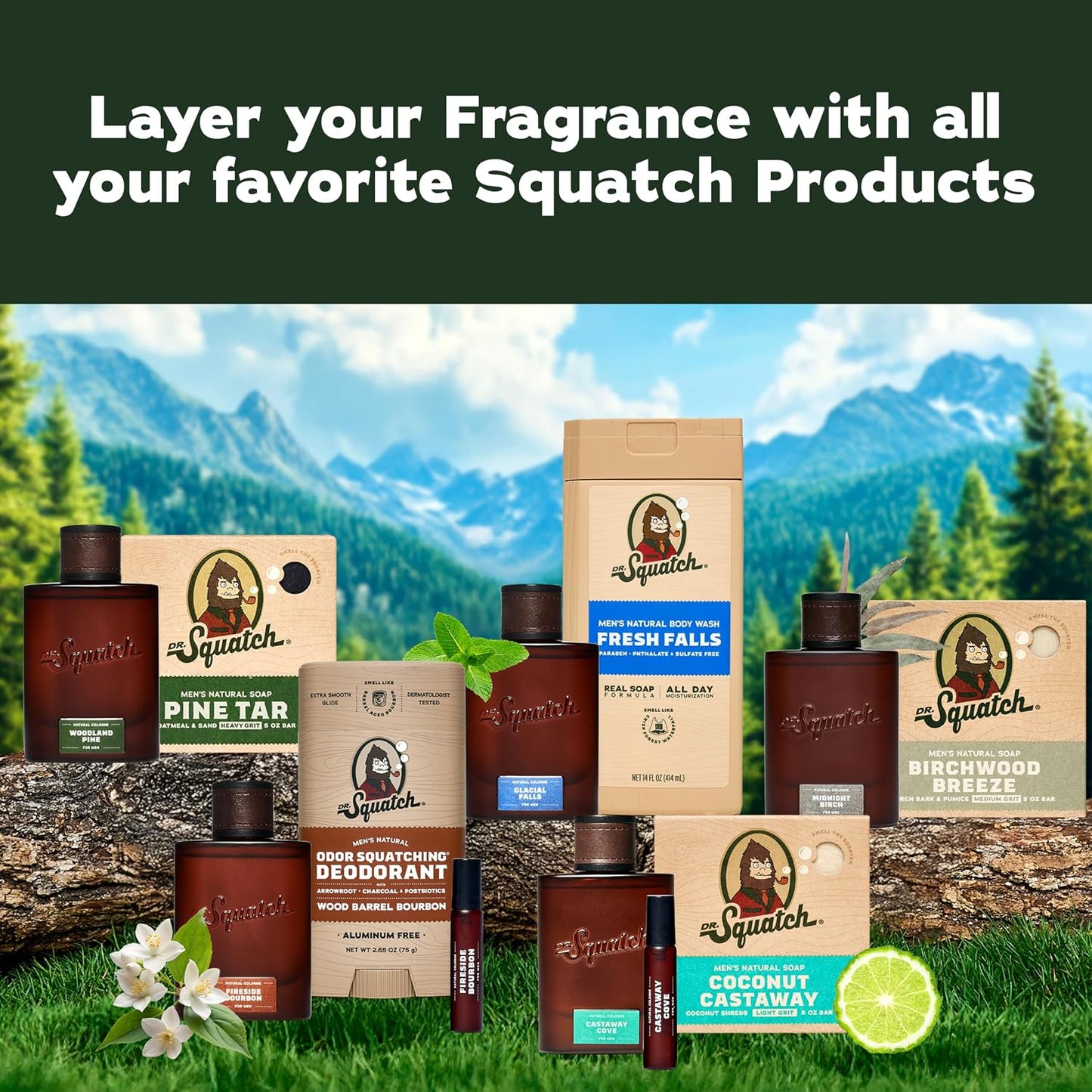 Hot Dr. Squatch Natural Cologne for Men - Mini Cologne Trial Set - Midnight Birch, Rainforest Mist, Glacial Falls, Castaway Cove, Fireside Bourbon (0.17 fl oz, 5-Pack)