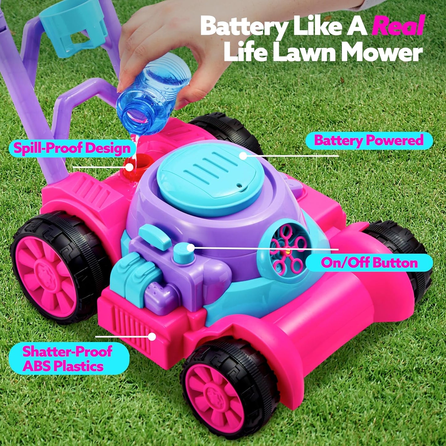 Hot SLOOSH Bubble Lawn Mower Toddler Toys - Spill-Proof Bubble Machine Pretend Gardening Toy for Age 1 2 3 1-3 Year Old Toddler Indoor Outdoor Use, Baby Girl Push Toys Easter Birthday Gift (Pink)