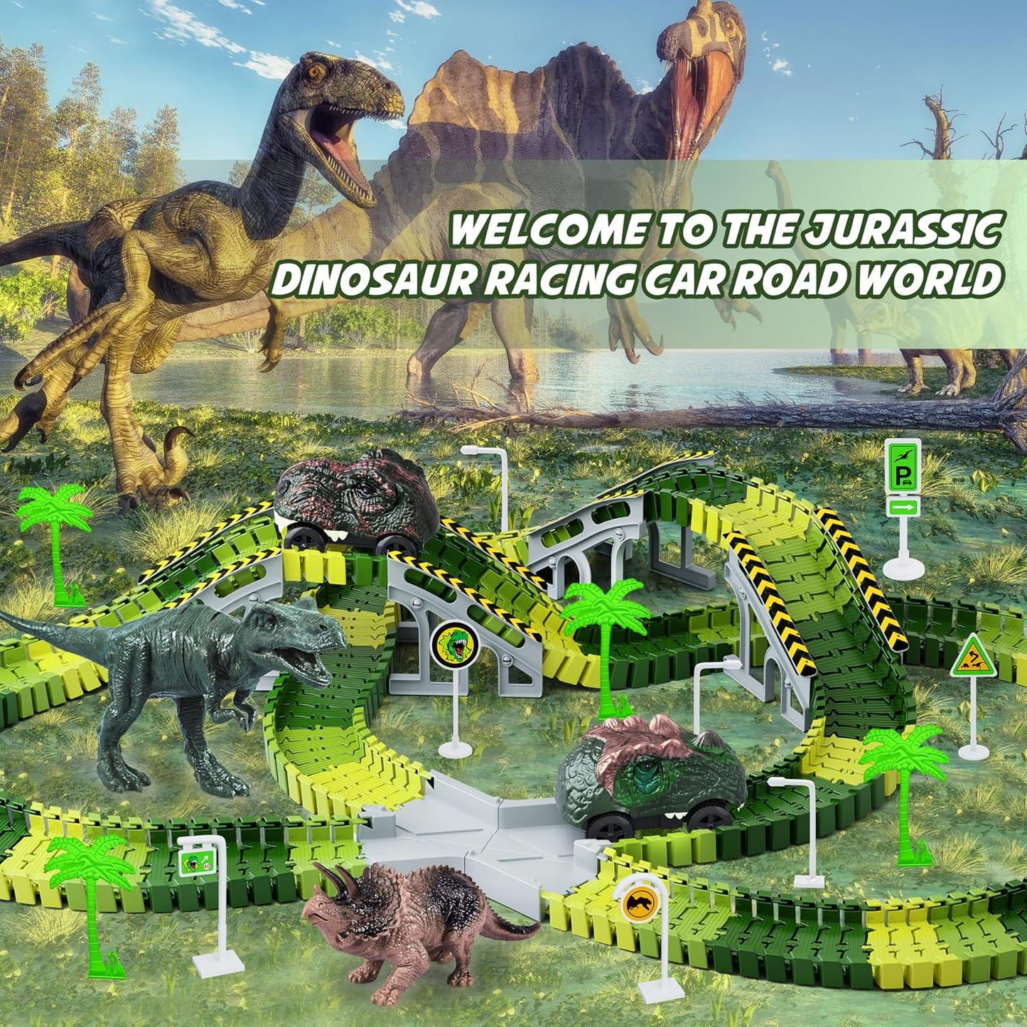 HotDinosaur Toys,Create A Dinosaur World Road Race,Flexible Track Playset and 2 pcs Cool Dinosaur car for 3 4 5 6 Year & Up Old boy Girls Best Gift