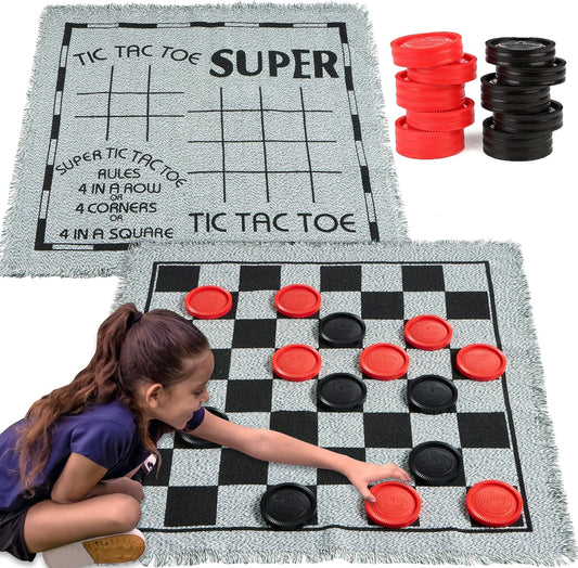 Hot3-in-1 Vintage Giant Checkers, Tic, Tac, Toe, with Reversible Mat, 24 Chips, Family Board Game, Lawn Game, BBQ Party Favor, Indoor and Outdoor Activity for Kids and Adults