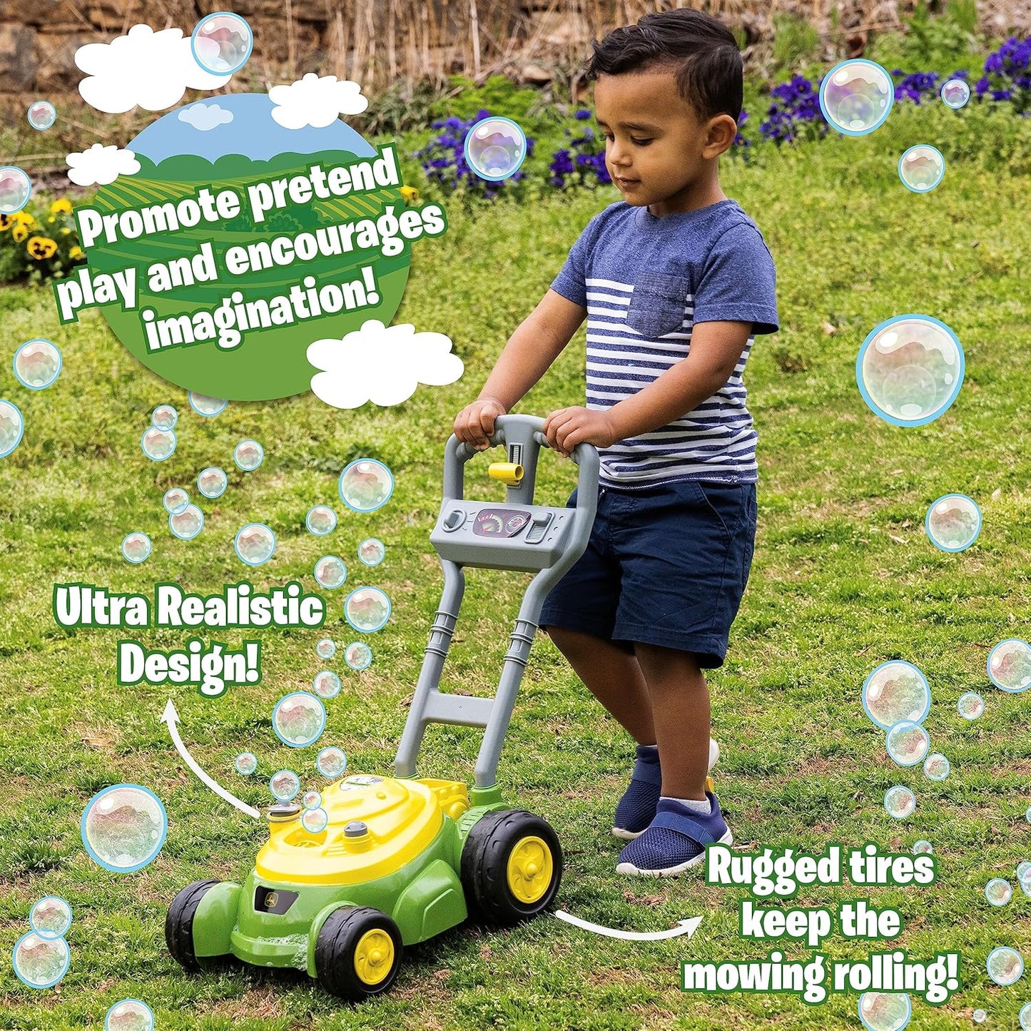 HotJohn Deere Bubble Lawn Mower for Toddlers, Bubble Blowing Machines, Indoor and Outdoor Gardening Toy, Birthday, Party Favor for Preschool Girls and Boys, No Batteries Required, 2+