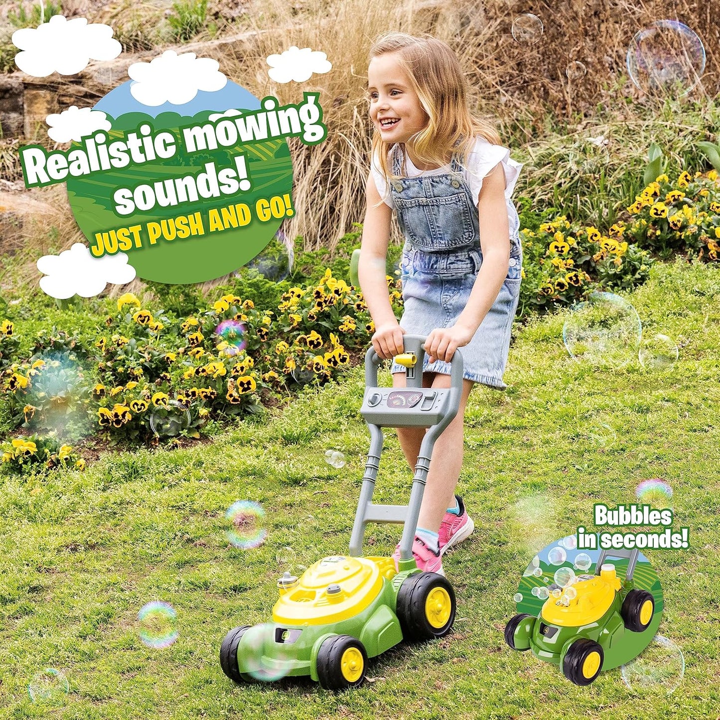 HotJohn Deere Bubble Lawn Mower for Toddlers, Bubble Blowing Machines, Indoor and Outdoor Gardening Toy, Birthday, Party Favor for Preschool Girls and Boys, No Batteries Required, 2+